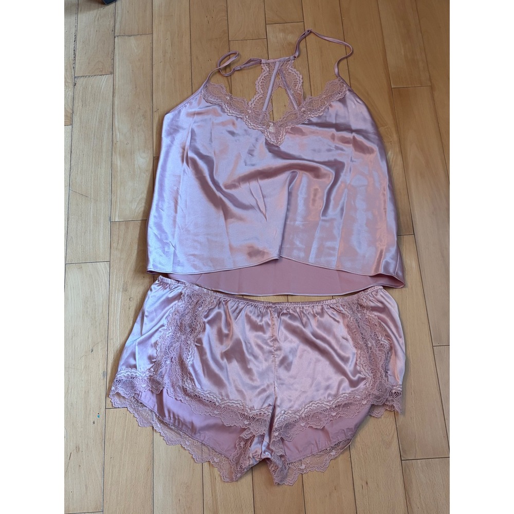 In Bloom by Jonquil Pajama Set Women XL Rose Gold Satin Lace Racerback SHV040